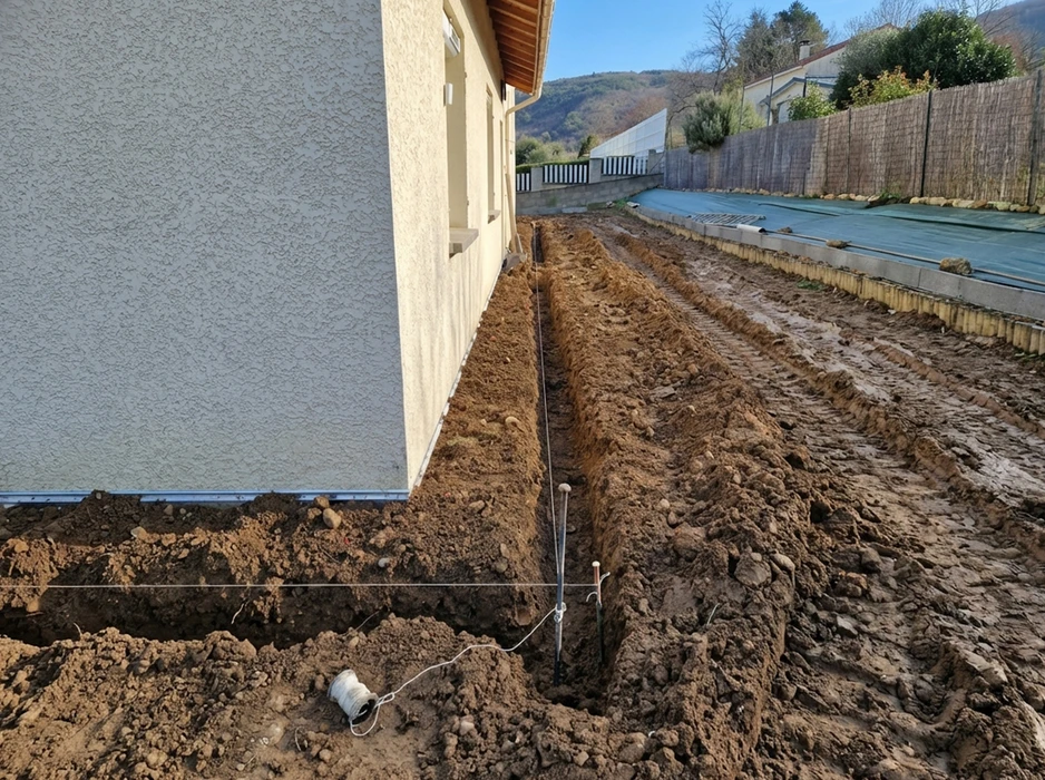 Deux ingénieurs en tenue de sécurité discutent sur un chantier de terrassement